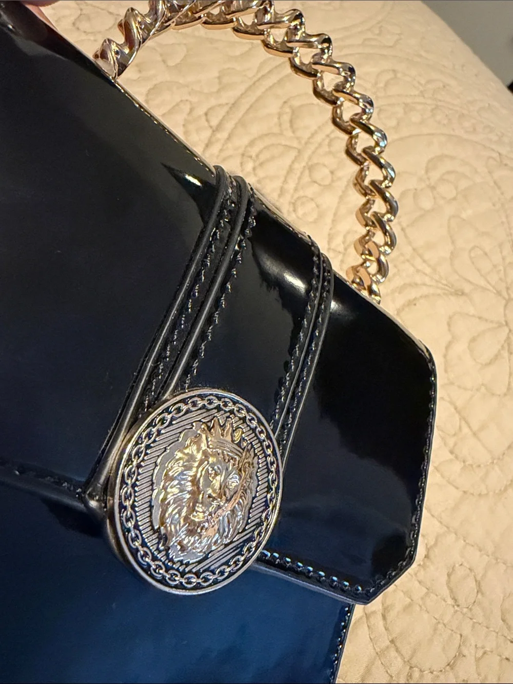 Aldo Lottum Black Patent Wristlet Clutch with Gold Chain